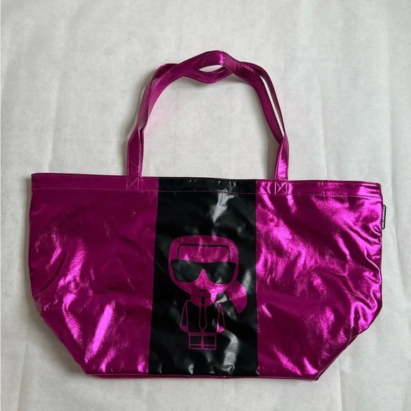 KARL LAGERFELD Handbag Xtra Large Tote Shoulder Bag Pink Metallic NWOT - Picture 2 of 10